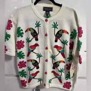 Terazzo Vintage parrot macaw toucan hibiscus palm tree tropical cardigan sweater
